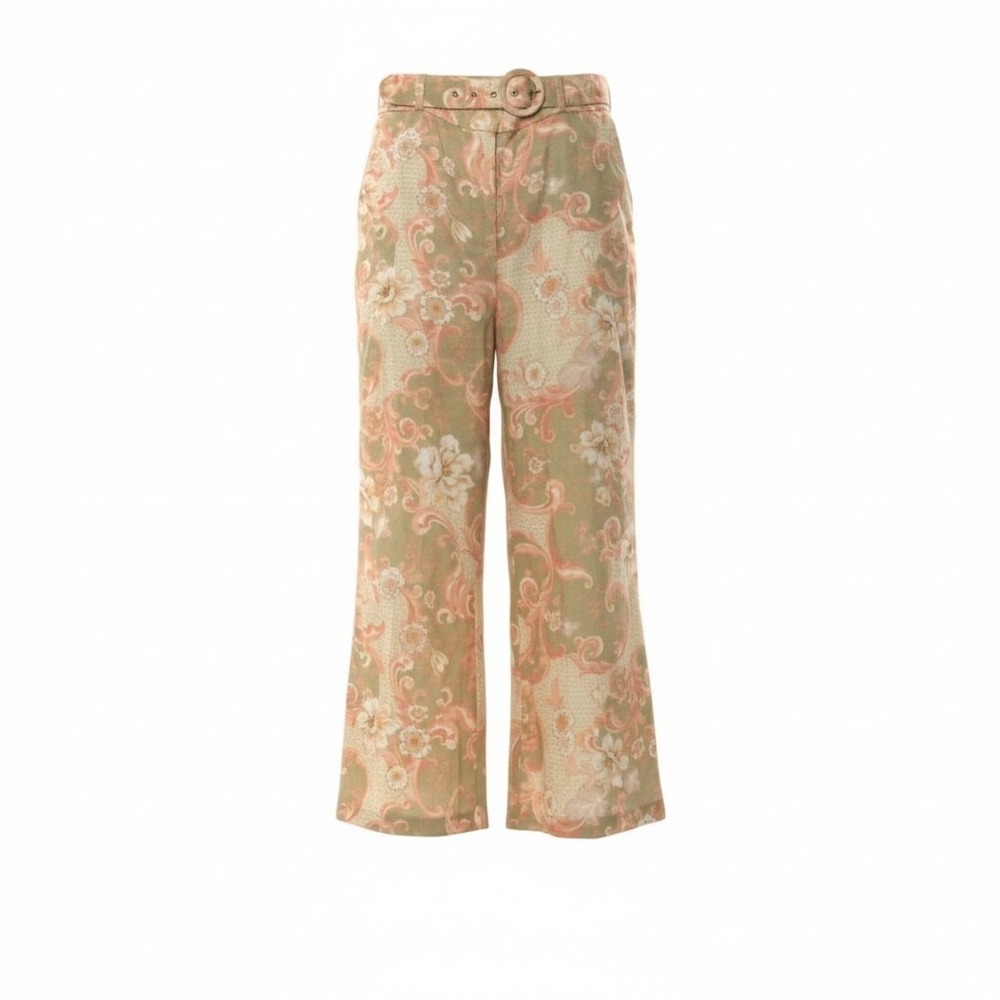 Zimmermann Cassia Belted Floral Linen Pants Women 2 Green Pink Excellent Paisley